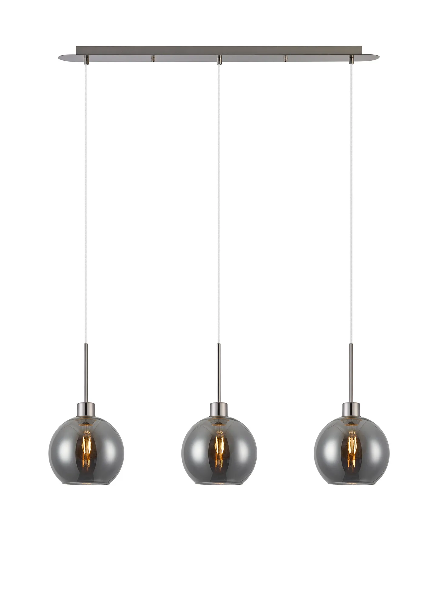 DK1395  Lori Linear Pendant, 3 Light Adjustable E27, Satin Nickel/Smoke Open Mouth Round Globe Shades